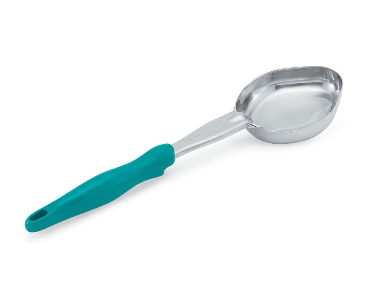 6-ounce one-piece heavy-duty stainless steel solid oval Spoodle® utensil with teal nylon handle