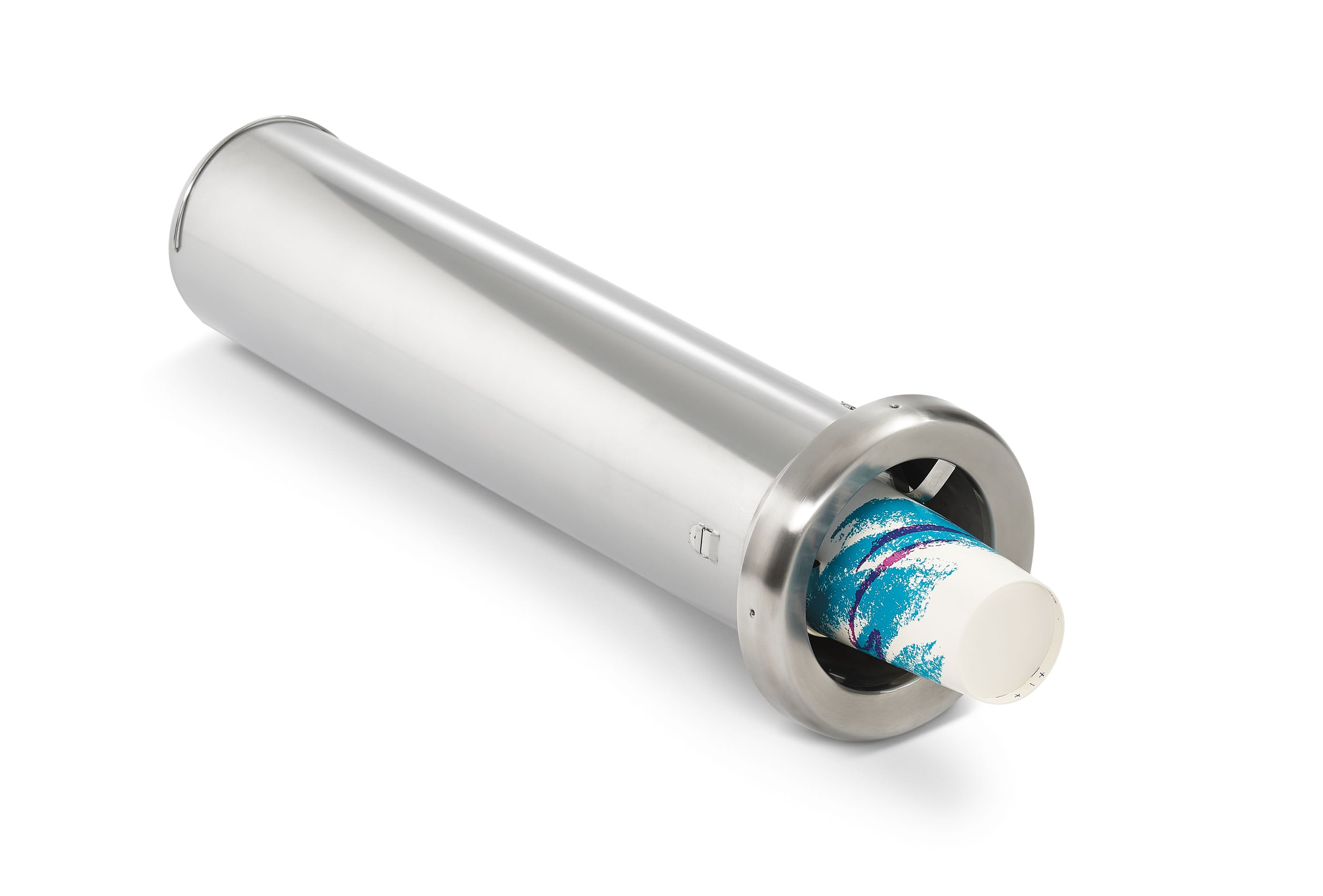 Adjustable stainless steel cup dispenser for 4- to 12-ounce cups with 2 ½- tp 3 ½-inch diameter