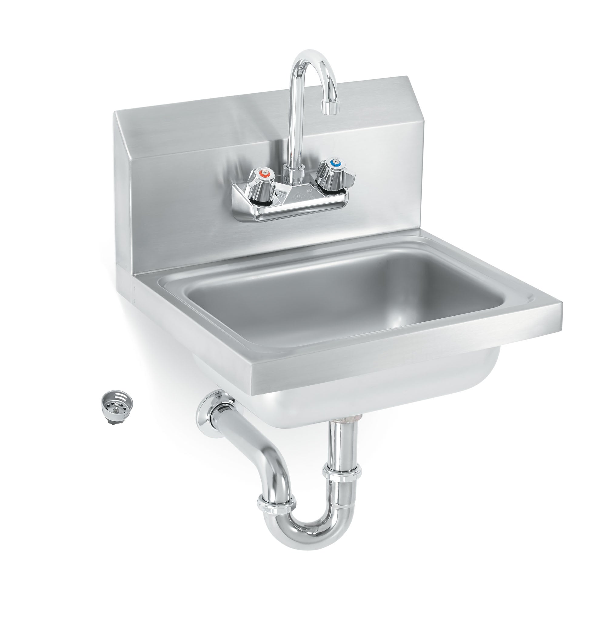 Wall-mount stainless steel hand sink with splash guards, strainer and gooseneck faucet