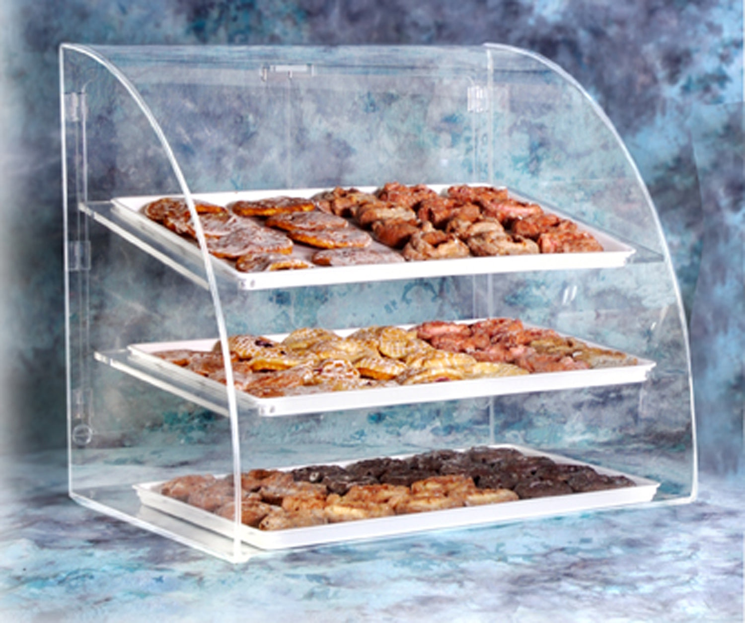 Acrylic Curved Bakery Display Cases - Large 3-tier clear acrylic Euro curved-front baked goods display cases