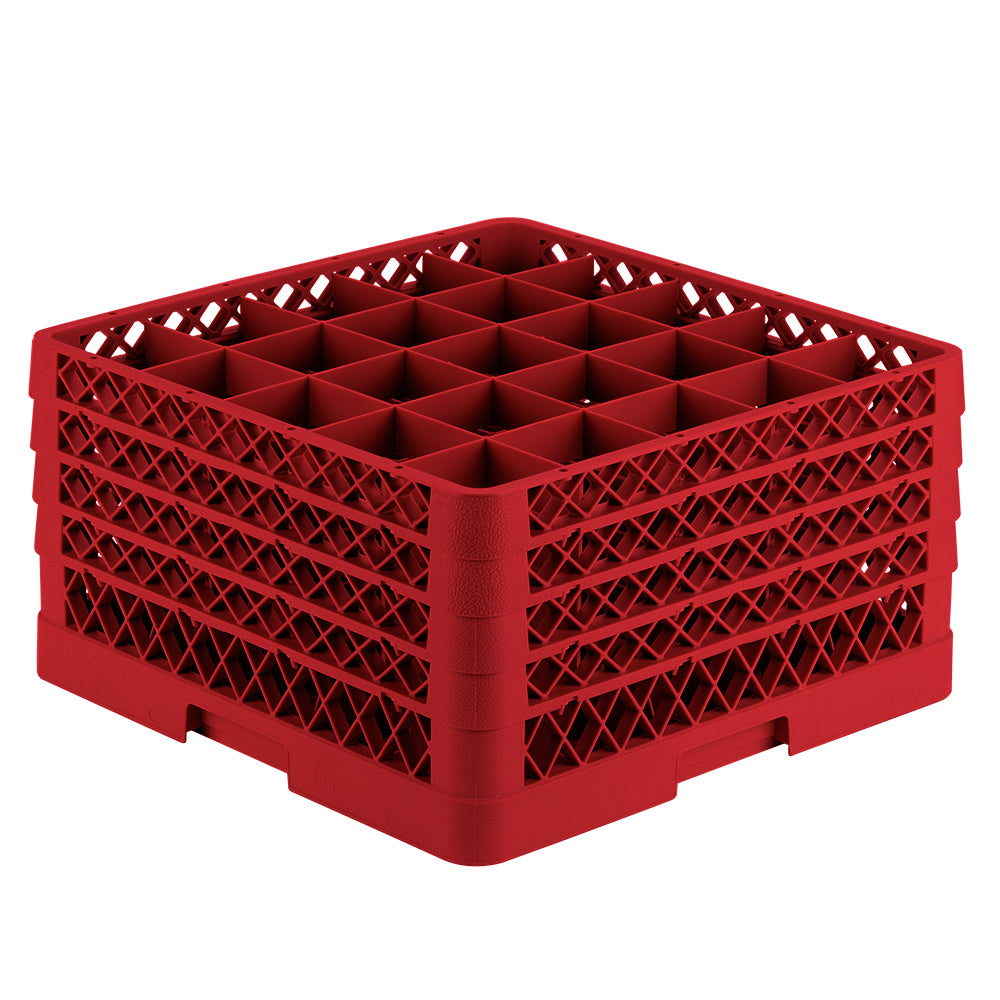 Full-size 25-compartment Traex® glass rack with four extenders in red
