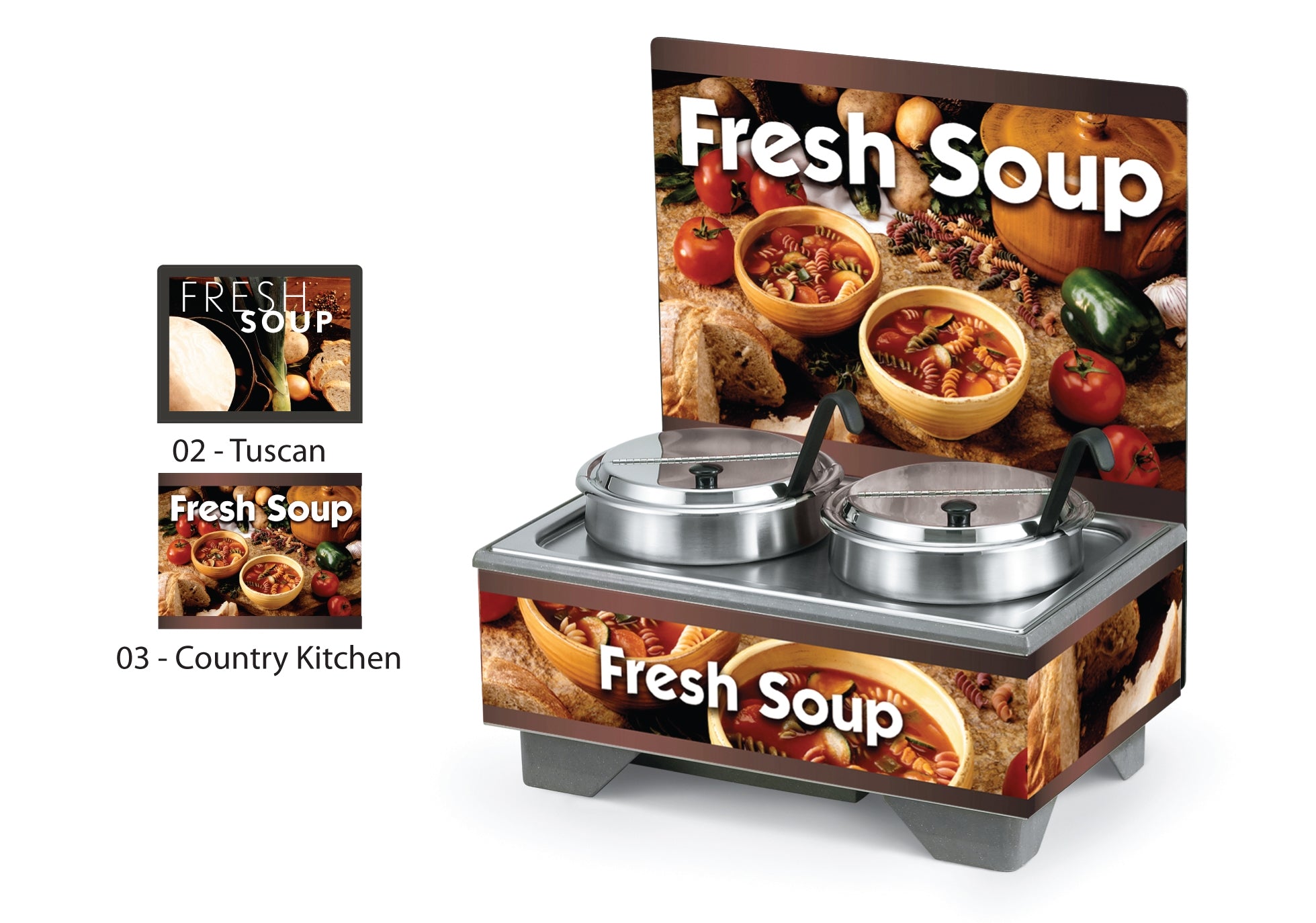 Full-Size Soup Merchandiser, 1220 Country Kitchen base with menu board and 7 qt. accessory pack