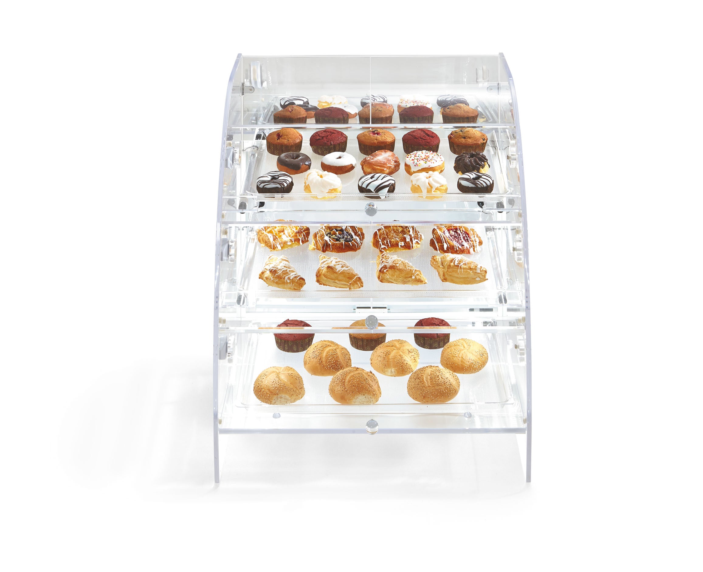 Extra-large 3-tier baked goods display case with front and rear access