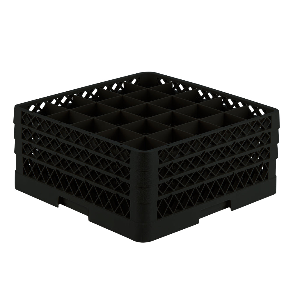 Full-size 25-compartment Traex® glass rack with three extenders in black