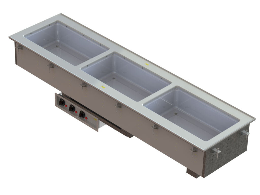 120 Volt Three-Well Short Side Modular Hot Drop Ins with Marine Grade Wells with Manifold Drain and Thermostatic Controls