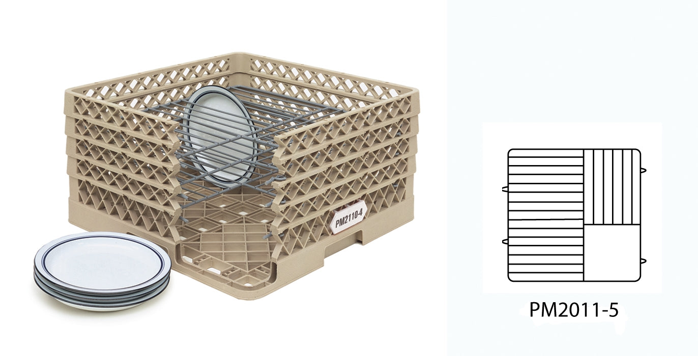 Full-size Traex® Plate Crate™ warewashing system for 10- to 10 ¾-inch plates up to 1 inch thick with five extenders in beige