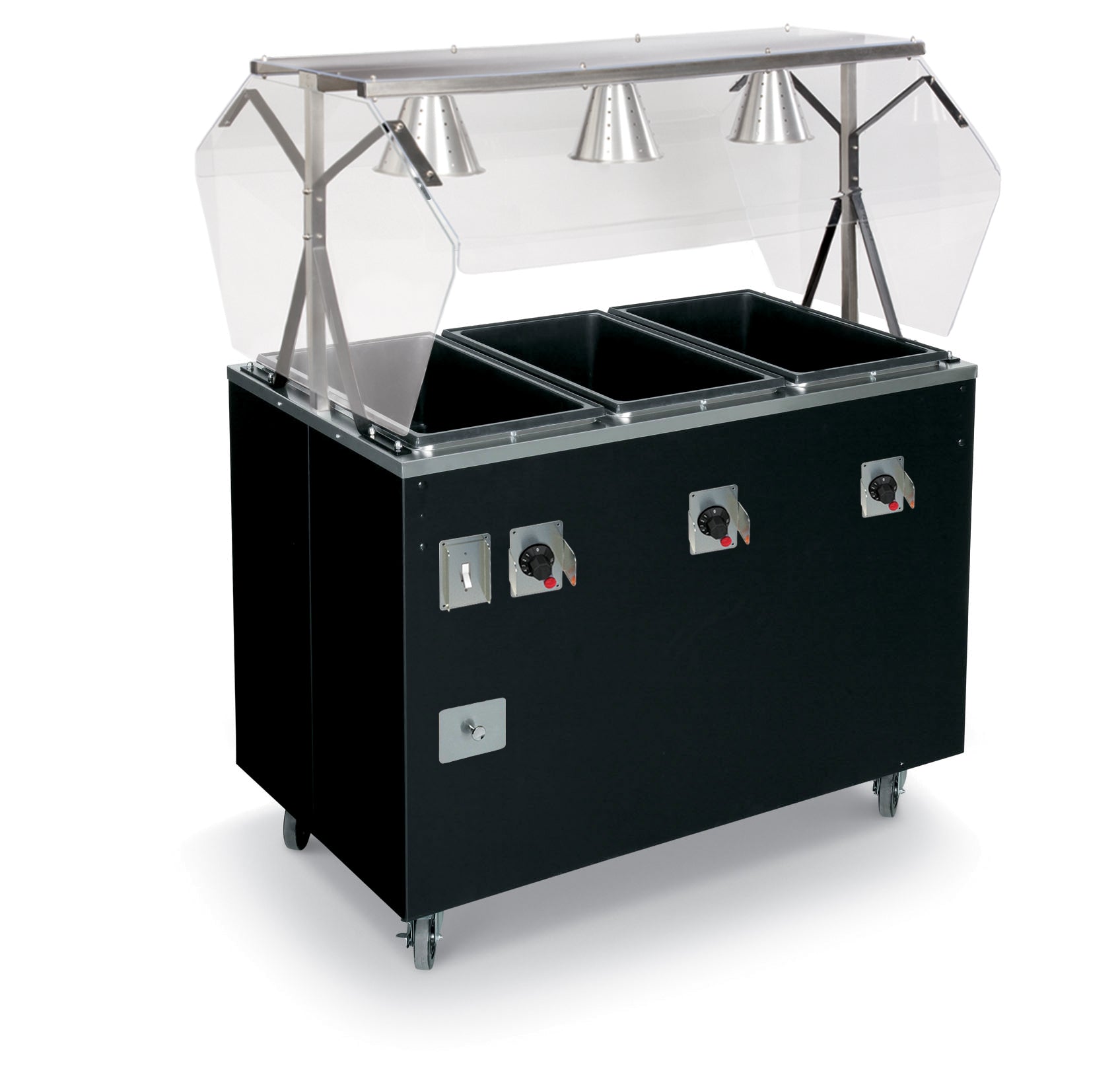 60-inch 120-volt four-well 2-Series deluxe hot-food station with base in granite, open storage compartment and buffet-style breath guards
