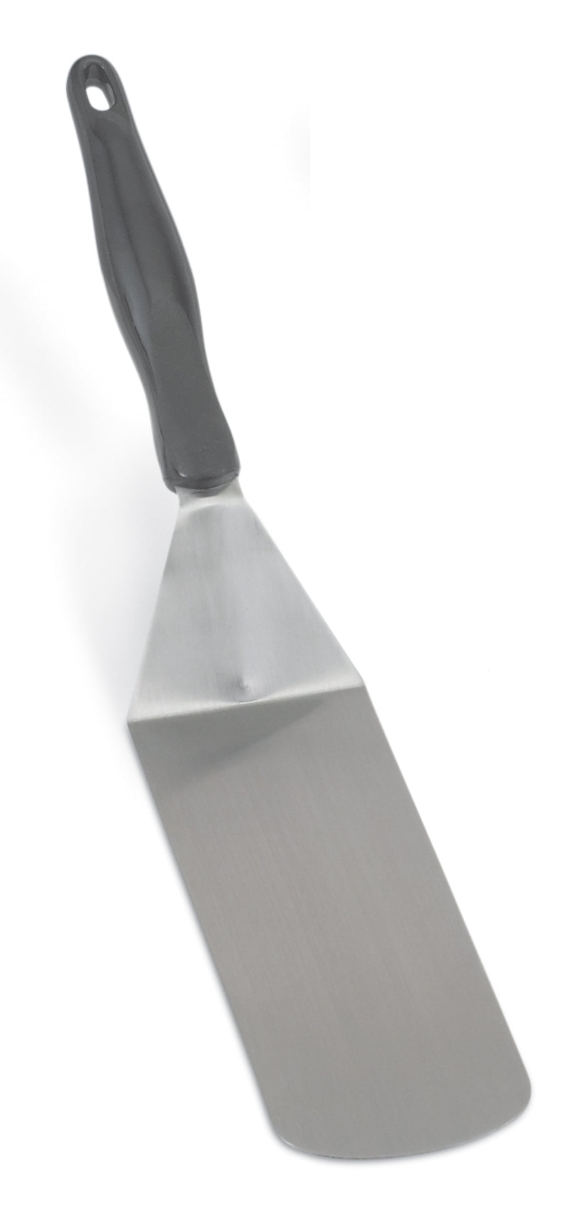 Heavy-duty stainless steel hamburger turner with flexible blade and nylon Ergo Grip™ handle in black