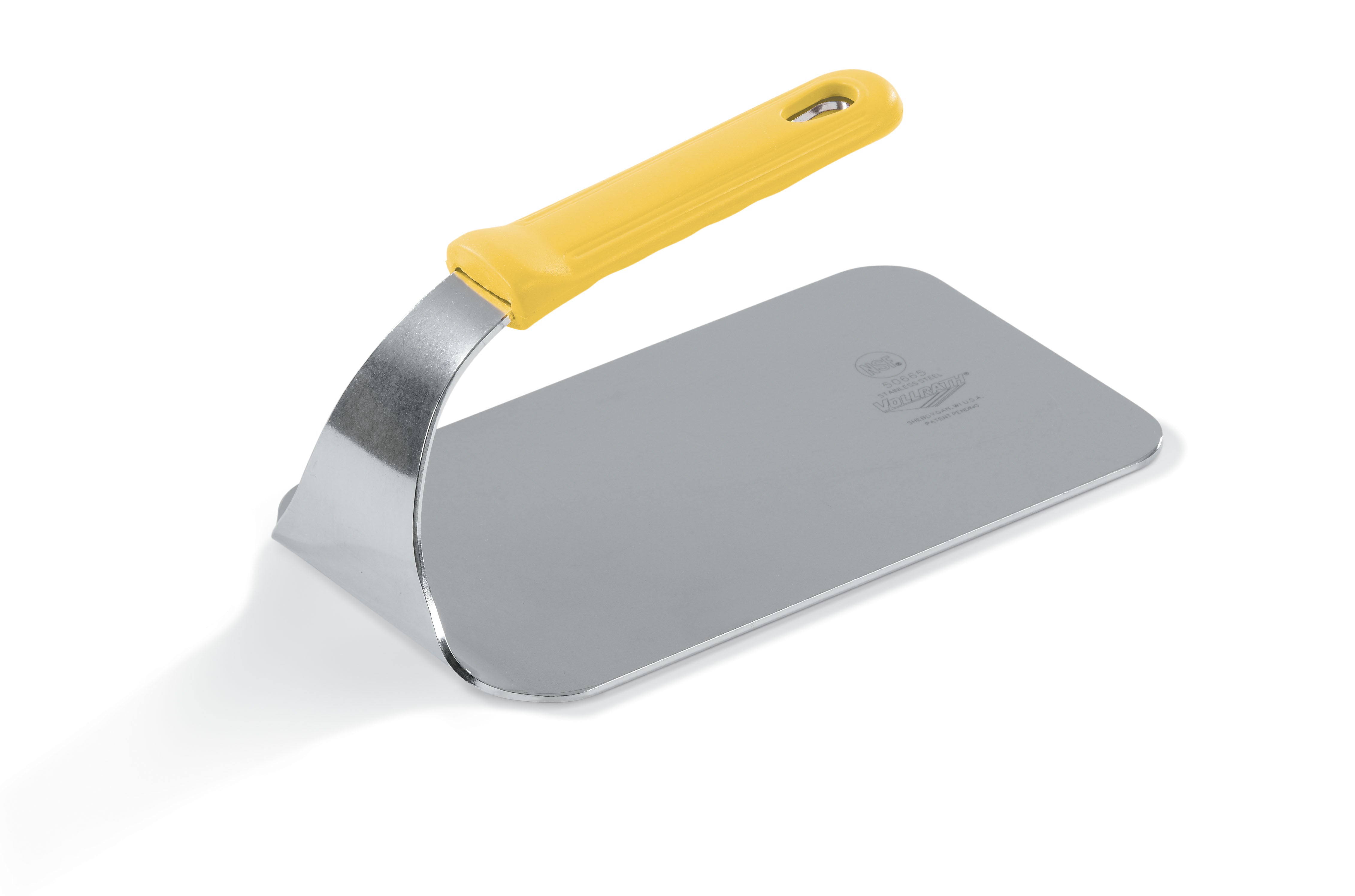 1 ⅗-pound flat-bottom stainless steel steak weight with yellow silicone handle