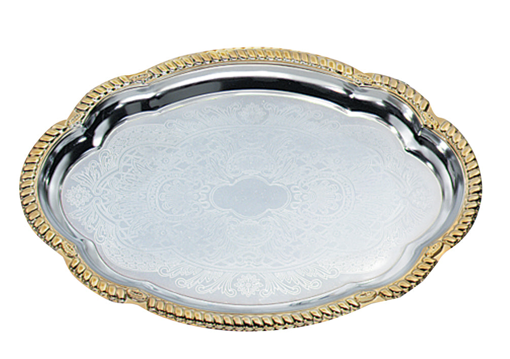 Large Odyssey oval serving tray with gold trim - Chrome Plated