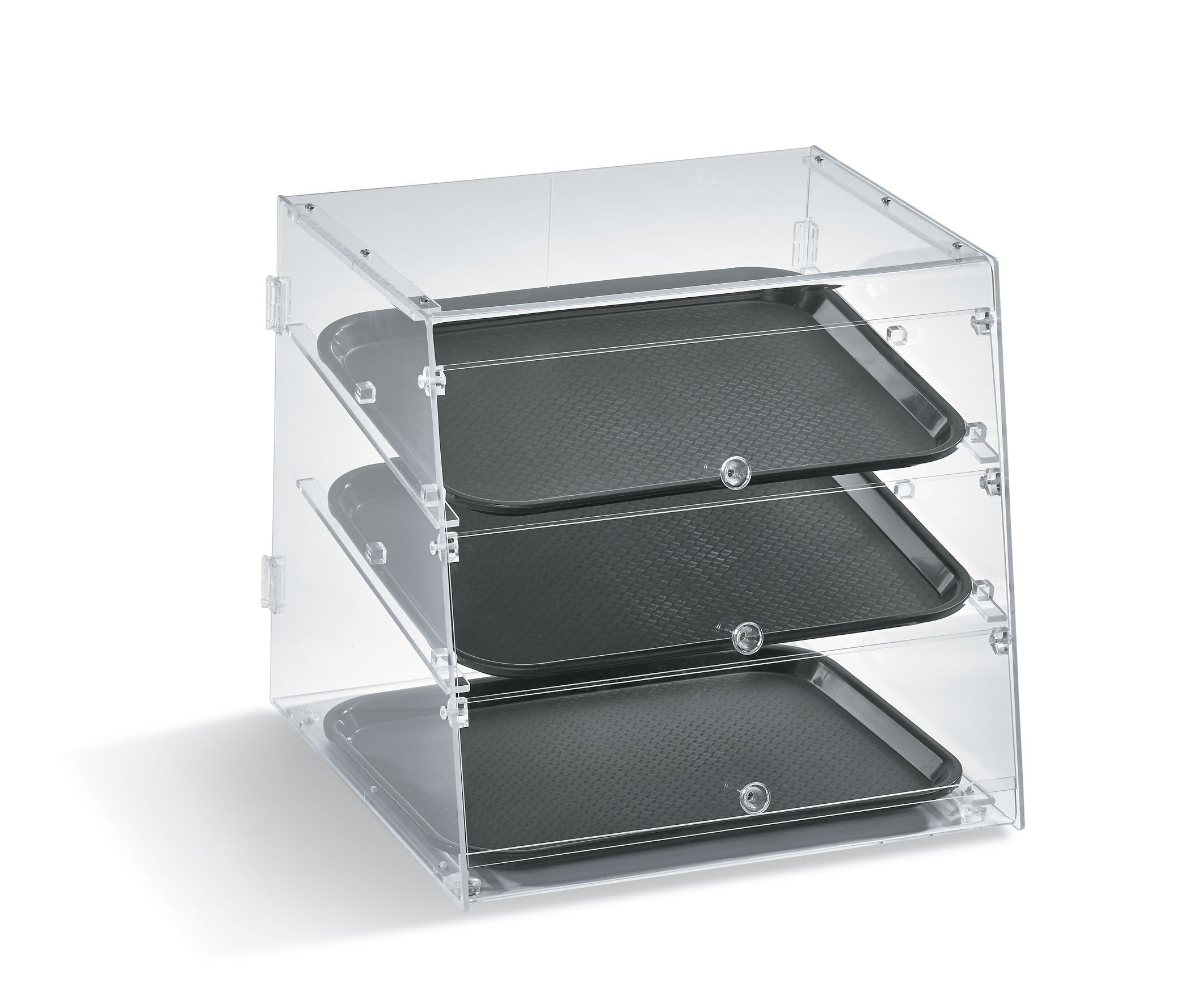3-tier acrylic knockdown baked goods display case with front and rear access