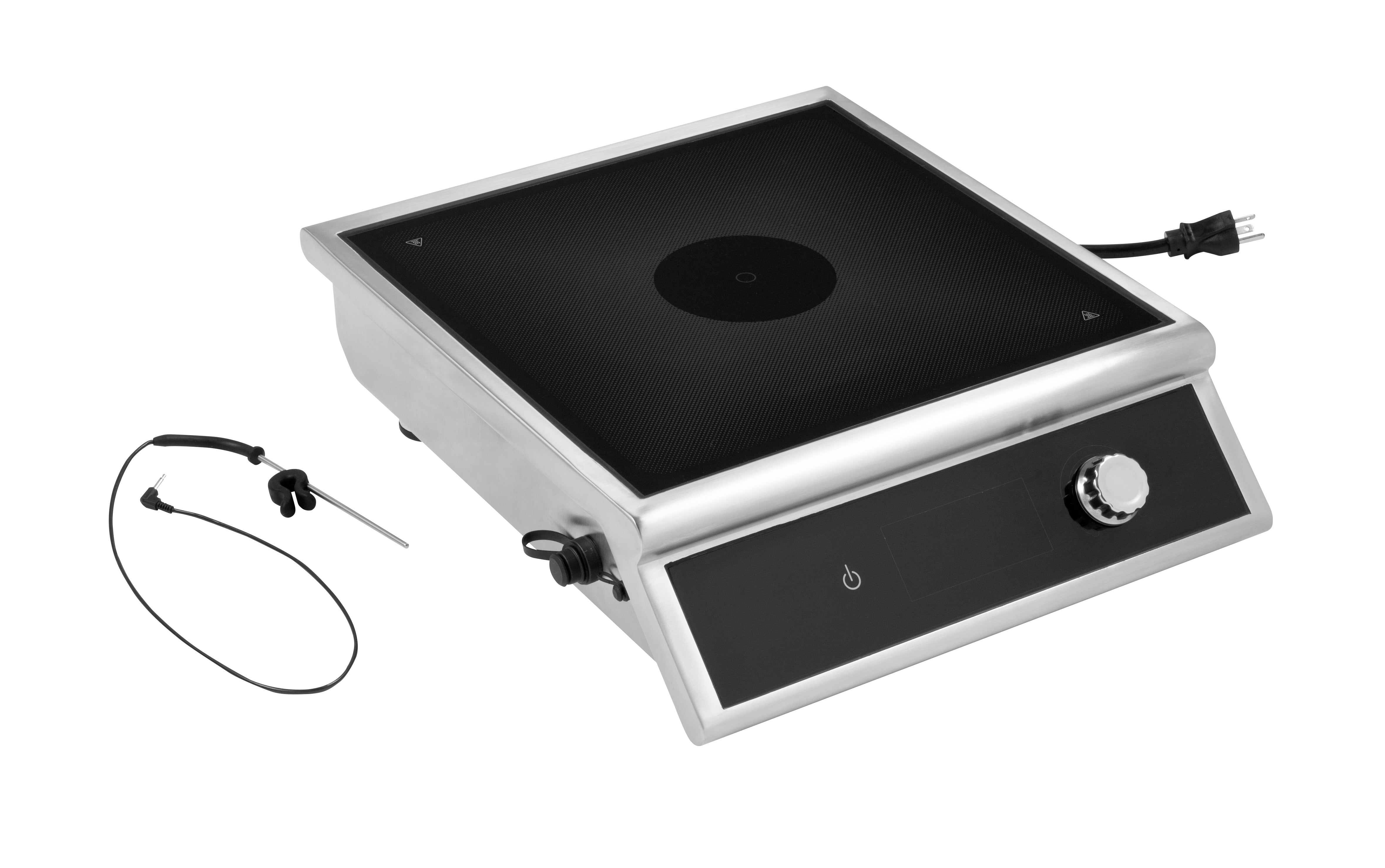 3800-watt high power induction range with temperature control probe, stainless case, and glass top. Available in Europe